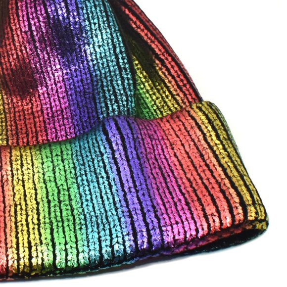 Metallic Rainbow Multicolor Beanie Hat Fur Ball - Picture 4 of 4